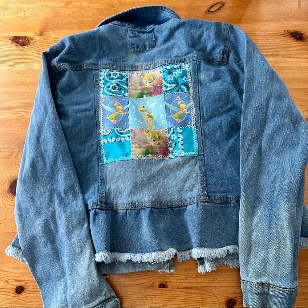 Upcycled Denim Jean jacket patchwork Tinker Bell ruffle frayed edges girls